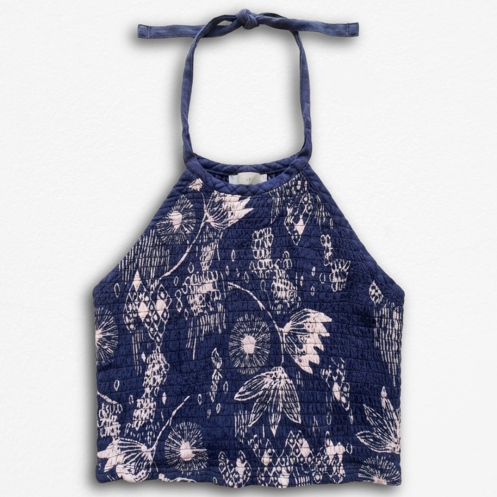 Urban Outfitters Navy Blue Pink Floral Smocked Halter Crop Top XS Boho Summer